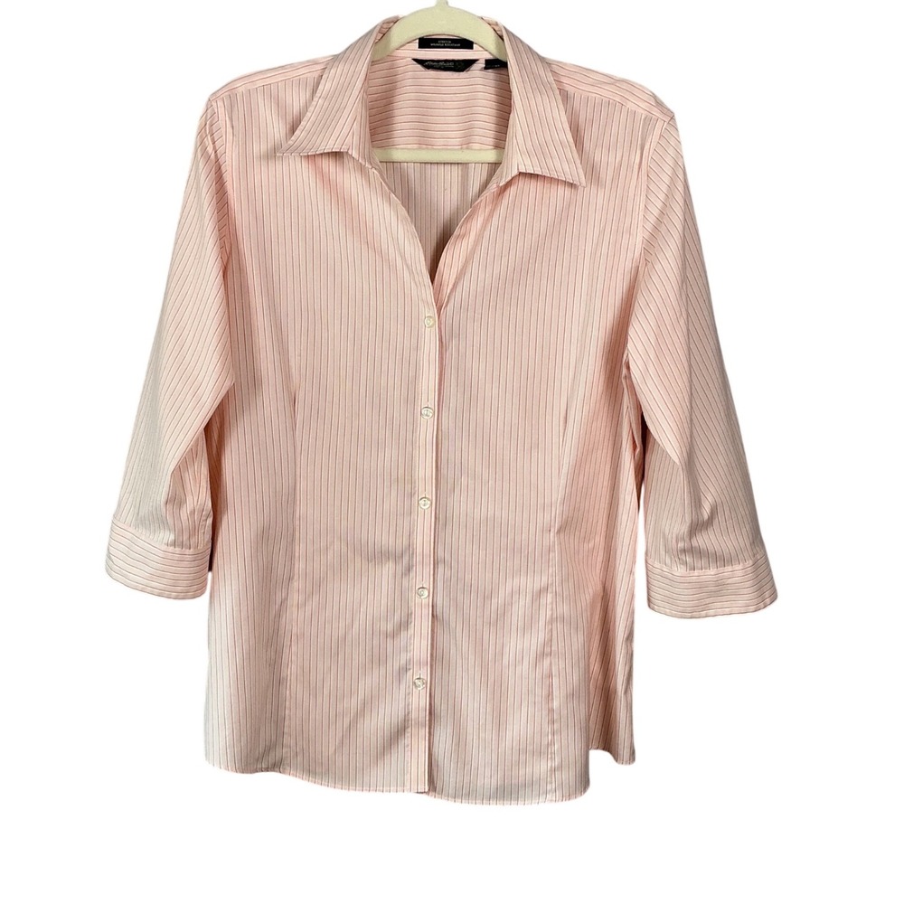 Eddie Bauer Pink Pinstripe Wrinkle Resistant Stretch 3/4 Sleeve Shirt XL